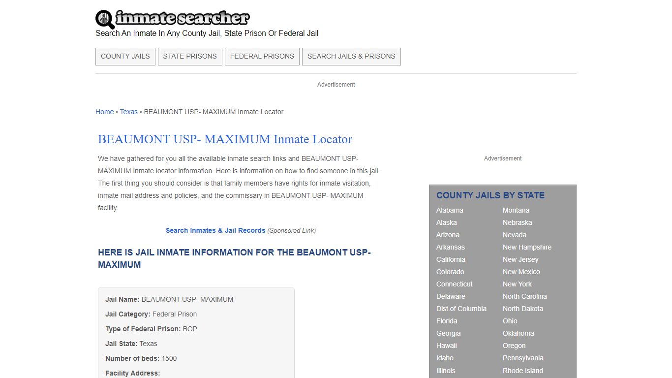 BEAUMONT USP- MAXIMUM Inmate Locator - Inmate Searcher