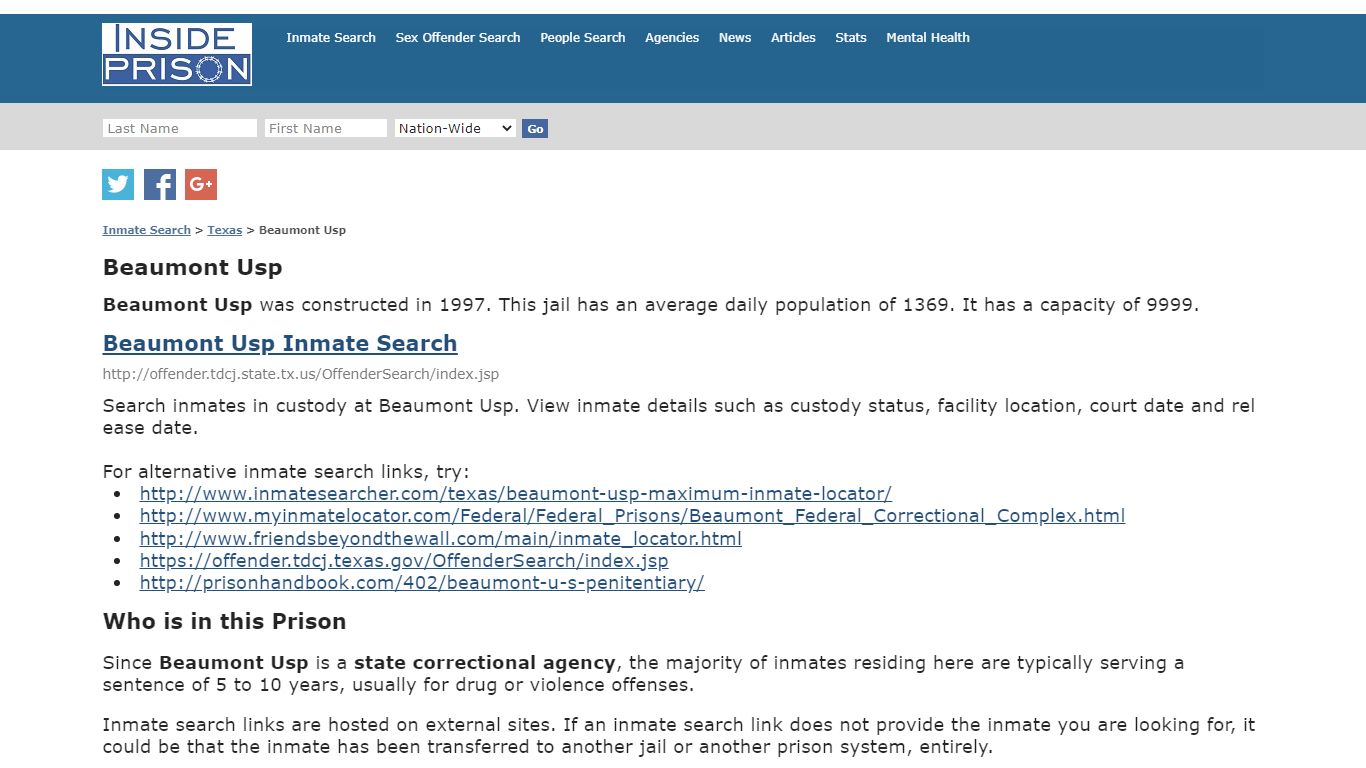 Beaumont Usp - Texas - Inmate Search - Inside Prison